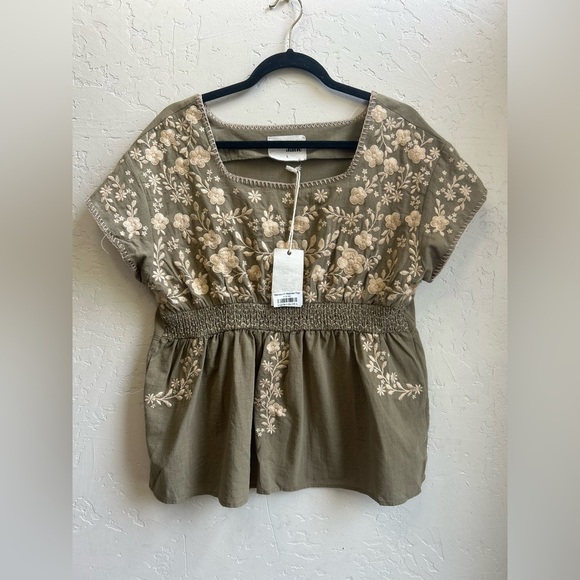 Savanna Jane nwt babydoll shirred waist boho embroidered top LG Peasant feminine - Picture 2 of 9